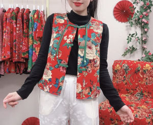 Fleece Lined Short Sleeveless round Neck Vest Chinese Style Commute Warm Top Trendy Floral Print National Style Fashionable Womens Jacket