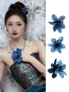 Blue Flower Hairpin Headwear New Chinese Style Bride Morning Robe Shape Photography Accessory Finger Flower Ring for Women
