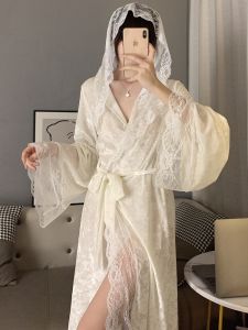 Áo Dài Tay Nhung Vàng Đồ Ngủ Nữ Mùa Thu Mùa Đông Gợi Cảm Áo Choàng Có Mũ Ren Áo Choàng Tắm Phong Cách Sân Khấu Mong Muốn Thuần Khiết Mặc Nhà