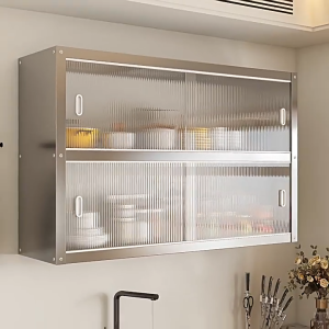 BMZAR Kitchen Cabinet 304 SUS Hanging Storage Cabinet Wall Mounted Transparent Door Spice Shelf Dustproof Waterproof