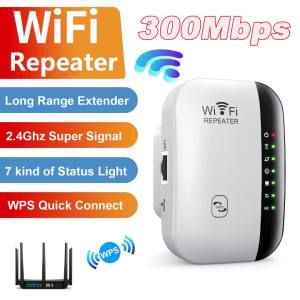 Kebidumei | Wireless WiFi Repeater 300Mbps WiFi Extender Amplifier Booster Router 802.11N WPS Long Range 7 Status Light WiFi Repeater for PC