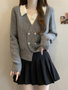 Fashionable Elegant V-Neck Long-Sleeve Pseudo-Two-Piece Knitted Sweater