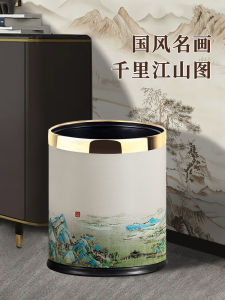 New Chinese Style Luxury Trash Can Home Living Room Bedroom Hotel Office Disposable Metal round Barrel Shape Trash Can