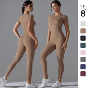 ชุดโยคะชุดออกกําลังกายสตรีชุดกีฬาเสื้อผ้าฟิตเนสกางเกงขาสั้น Crop Top เอวสูงกางเกงขายาวชุดกีฬา