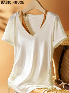 Basic House | Natural Fiber Thin Two-piece Style V-neck Tie Waist Womens T-shirt