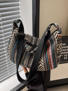 Large Capacity Dumpling Pattern Canvas Shoulder Bag Womens Retro Striped Tote Bag Fashionable Crossbody Bag Daily Use Handbag