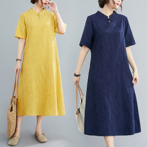 ชุดเดรสผ้าฝ้ายผสมผ้าลินินทรงหลวมคลุมท้องใส่ช่วงฤดูร้อนสำหรับผู้หญิงชุดกี่เพ้าแขนสั้นชุดเดรสยาวผ้าลินินไซส์ใหญ่เรียบหรูใส่แล้วดูผอมเพรียวสำหรับสาวอวบ