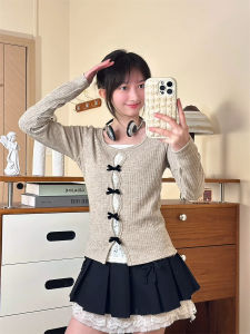 Elegant Lace Trim Knitted Sweater with Butterfly Knot Hollow out Long Sleeve Womens Soft Sweet Style Korean Fashion Spring Autumn New Arrival