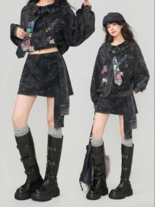KEIKO | Washed and Vintage Lace-Up Irregular Autumn Lightweight Punk Style A-Line Skirt