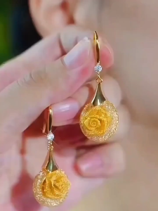 TenLucky Luxury 916 Gold Color Plated Earrings for Women Womens Flower Dangle Earring Wedding Jewelry Gift for Valentines Day Birthday