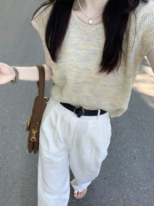 Womens Waistcoat round Neck Ice Silk Knitted Short Sleeve T-shirt Summer French Style Temperament Gentle Stylish Flying Sleeve Short Top