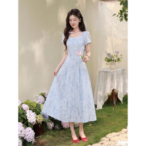 Đầm Hè Thắt eo Hoa Văn Xanh Pháp Elegance