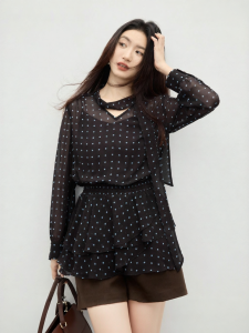 HOPESHOW | Dotted Chiffon Blouse with Bow Ruffles Long Sleeves