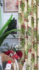 NON BLOCKOUT Sold Per Pc!! Korean Curtain New Christmas Joy Cream - Red Combi Holiday Home Modern Ring Curtains 10rings 5-8ft