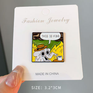 This Is Fine Niche Style Cartoon House Fire Puppy Brooch Stylish Golden M Badge Pin Accessories
