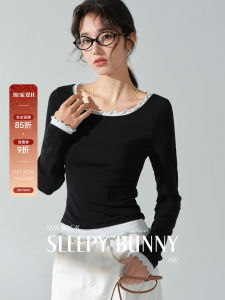 Sleepy Rabbit Wave Edge round Neck Fake Two-Piece T-Shirt Womens Slim Fit Base Layer Top Casual Style Standard Shoulder Length Sleeve