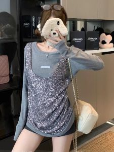 GUZILIAN | Premium Heavy Embellished Paneling Fake Two-Piece Long Sleeve T-Shirt Women Autumn Loose Mid-Length Top Commute Style Knitted
