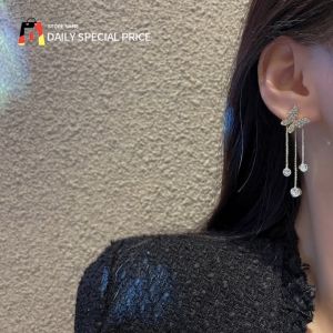 Korean Butterfly Stud Drop Earrings Shiny Front-back Long Tassel with AAA Zirconia Diamonds Gifts