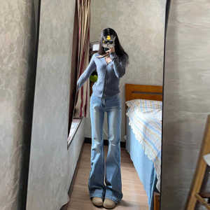 High Waist Extended American Retro Flared Denim Jeans Women Spring Autumn Slimming Elastic Floor Length Bell Bottoms