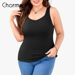 CHARMO Women Plus Size Tank Tops with Built-in Padded Bra Adjustable Strap V-Neck Camisole Cotton Cami Shirts 1X-4X