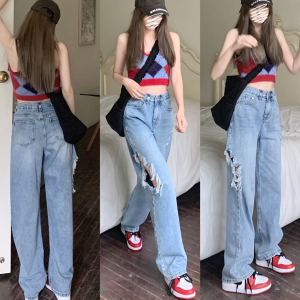 Mrs.huang shop แฟชั่นกางเกงยีนส์ขายาวขัดขาดเอวสูงช่วยเก็บหน้าท้องเก็บพุงให้ดูเรียว ทรงขากระบอก วินเทจ ทรงสวย มีไซส์S-XXLค่ะ