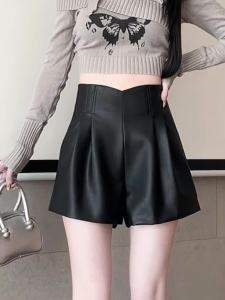 AMMIN 2024 Autumn new irregular arc high waist fashion pleated design wide leg pants female Korean version style simple solid color matte PU straight leg pants