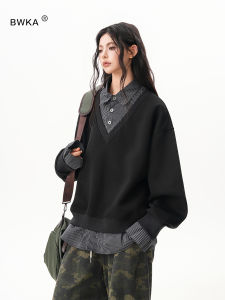 BWKA | Color Blocked Stripe Polo-Style Sweatshirt Loose Casual Long Sleeve