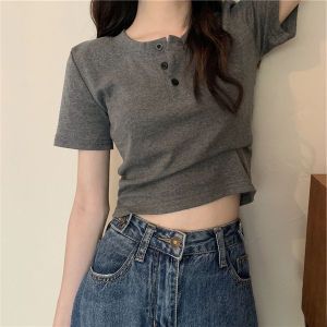 Summer 2022 High Waist Slim Fit Short Sleeve T-Shirt Womens 6535 Cotton Button up Top High Design Sensation Unique Style