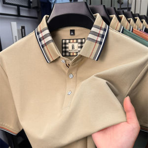 Luxury brand short sleeve polo shirt mens summer new silk cotton breathable fashion top casual business plaid lapel T-shirt