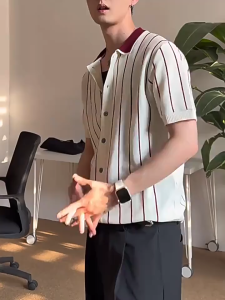 Men Knit Stripe Short Sleeve Shirt  Korean Casual Top