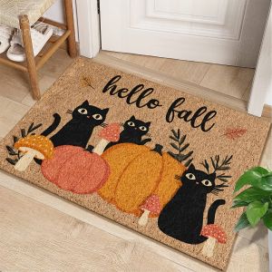 VIKAMA Black Cat Pumpkin Autumn Doormat Machine Washable Rustic Kitchen Rug Bedroom & Bathroom Entryway Thanksgiving Home Decor