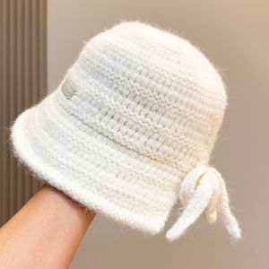 Warm Knitted Woolen Fishing Cap Womens Autumn Winter Fashion Butterfly Knot Bucket Hat Face Slimming Sun Protection Casual Style