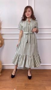 Mihar store / COD 3729 - Dress plaid motif kotak korean style casual lengan pendek summer dress / Dress wanita gangnam crinkle tartan kotak-kotak ikat rempel terbaru