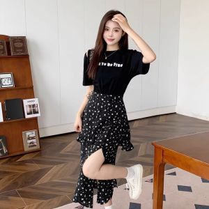 French Style Asymmetrical Hem Floral Print Dress Womens Summer New Small Batch Design T-Shirt Fake Two-Piece High Waist A-Line Skirt Cotton Dress