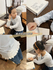 Princess Style Long Sleeve round Neck Lace T-Shirt Girls Cotton Knitted Base Shirt Spring New Arrival Slim Fit Top for Kids