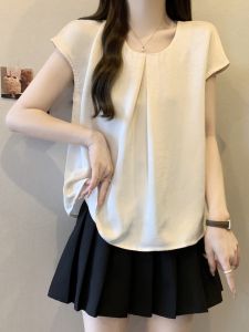 Elegant Acetate Satin Short Sleeve Womens Shirt Summer plus Size Doll Top Micro Fat Cover Belly Fairy Sleeve Korean Style Loose Fit