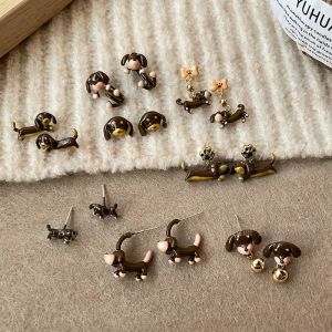 Cute Sausage Dog Silver Needle Earrings Womens Cartoon Unique Design Coffee Color Drip Glaze Sweet Little Audience Jewelry
