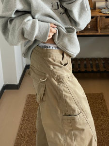 Khaki plus Size Work Pants Womens Summer American Retro Small Casual Wide Leg High Waist Slimming Fat MM Trousers