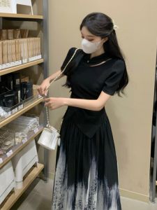 plus Size Womens Fashionable Traditional Chinese Style Shirt And Half Skirt Set Dyed Shirt Irregular Hemline Vintage Design