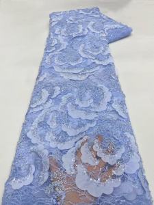 Vải Ren Thêu 3D Cao Cấp Đính Hạt Phong Cách Nigeria Châu Phi Lưới Pháp Đính Sequin Dùng May Váy Cưới