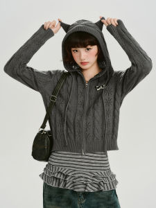 Vintage Hollow Out Hooded Knit Cardigan Women