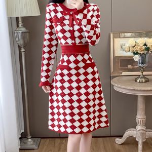 Luxurious Christmas Plaid Slim Fit Knitted Dress Sweet Style Long Sleeve Printed Autumn Winter College Fashion Red Grid Dress