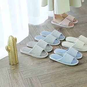 ET Stripe Linen soft bottom home wooden floor slippers for women‘s indoor slipper