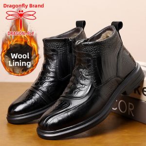DRAGON-FLY | Genuine Leather Mens Boots Martin Boots Faux Fur Lining Winter