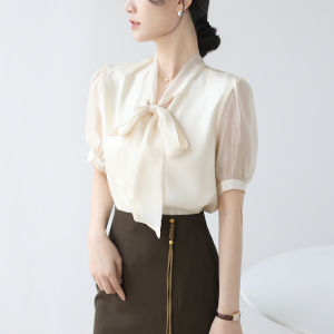 Elegant Pearl Butterfly Knot Short Sleeve Shirt Womens Vintage Ribbon Professional Commuting Top Summer New Arrival