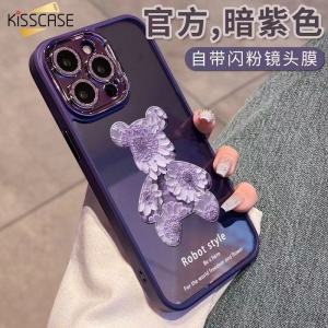 KISSCASE Flowers Bear Clear Acrylic Painted Case For iPhone 15ProMax Luxury Slim Plating Rose Floral Pattern With Glitter Diamond Lens Film Built-in Camera Protector Glass For Apple15 14 13 12 11 Shell Shockproof Hard PC Case