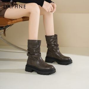 Daphne | Autumn Melan Trend Short Boots Chunky Heel Mid Calf Buckle