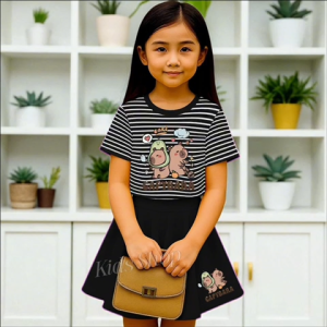 Setelan Baju anak perempuan Motif Capybara Kaos Salur & Rok Polos Untuk Usia 1-8 Thn Viral