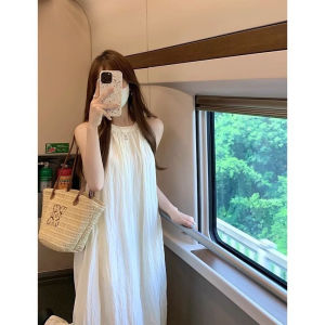 Sweet Neck Hanging Dress Fairy Style Summer 2024 New White Sleeveless round Neck A-Line Long Dress Womens Fashion Commute Polyester