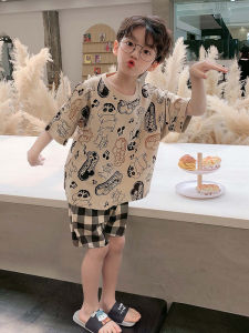 Pure Cotton Breathable Short Sleeve Childrens Sleepwear Set for Boys Summer Home Clothes Thin Model Cartoon Print Home Suit